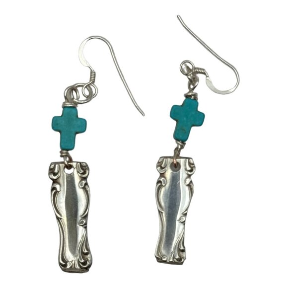 Vintage Spoon Handle Earrings With Turquoise Cross Accents & 925 Silver Hooks - Picture 3 of 12